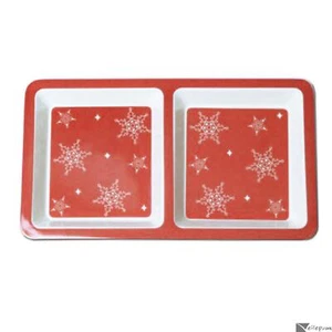 Snowflakes Holiday 2-Section Tray 12in Christmas Serving Dish, Red White - Picture 1 of 2