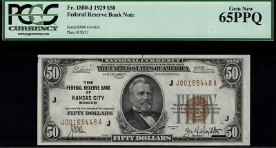 1929 $50 Federal Reserve Bank Note - Kansas City - FR.1880-J - Graded PCGS 65PPQ - Image 1 of 2