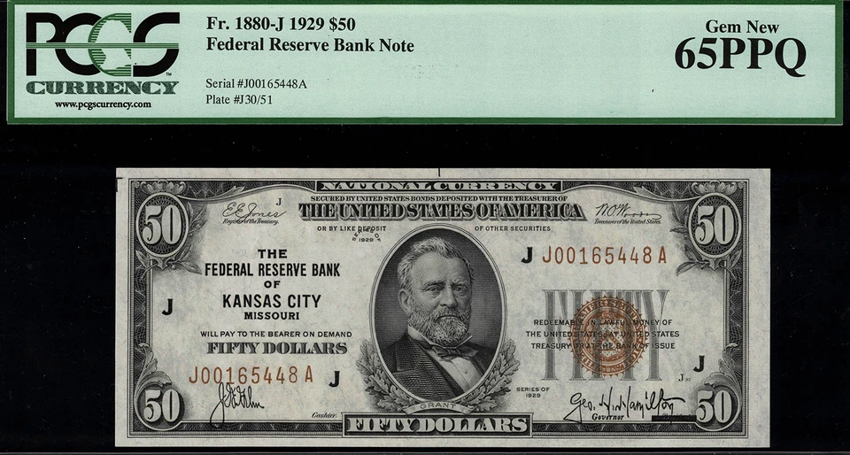 1929 $50 Federal Reserve Bank Note - Kansas City - FR.1880-J - Graded PCGS 65PPQ - Image 1 of 2