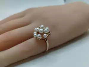 14k Yellow Gold Pearl Cluster Diamond Cocktail Ring Sz 5.75 - Picture 1 of 11