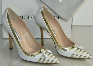NEW Manolo Blahnik LEFFINO BB Pumps Gold SNAKE White Leather Tassels Shoes 39.5
