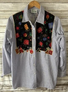 Blusa a rayas manga larga con botones de Navidad Quacker Factory para mujer j221 - Imagen 1 de 4