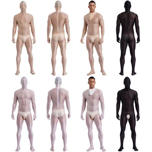 Mens Bodystocking Lingerie Catsuit Glossy Full Body Bodysuit Sheer Jumpsuit - Picture 1 of 38