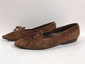 Vintage 80s 90s Via Spiga Brown Suede Leather Pointed Flats Slip On Size 9.5 - Picture 1 of 10