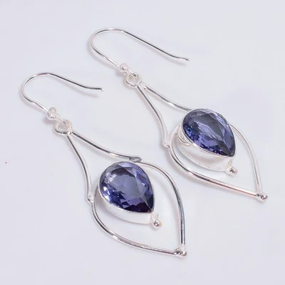 Pendientes étnicos hechos a mano de piedras preciosas de iolita de plata de ley 925 de 2,3" U923 Foto 1 de 4