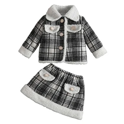 Bambina 2 Pezzi Vacanze Vestito Quadri Maniche Lunghe Cappotto Con Gonna Cerimonia Bimbo - Immagine 1 di 3