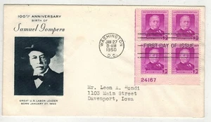1950 PLATE # BLOCK FDC 988 GRIMSLAND SAMUEL GOMPERS LABOR LEADER - Picture 1 of 1