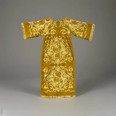 Vtg Mustard  Gold Orange Cover-Up Fringe Sculpted Towel Dress Caftan - Image 1 of 4