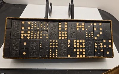 Vintage Wood Lions Dominoes With Original Box  - Image 1 of 4
