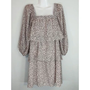 Who What Wear 3/4 Sleeve Leaf Print Tier Mini Dress Pink Black MED NWT Babydoll - Picture 1 of 7