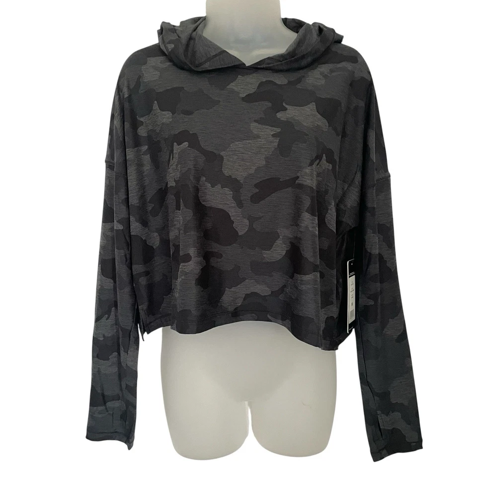 Yogalicious Lux Cropped Hooded Black Camo Top Hoodie Size M Thumb Holes NWT $58 - Image 1 of 4