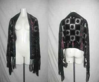 Mantón de piano vintage negro multicolor floral con flecos de terciopelo quemado envoltura Foto 1 de 4