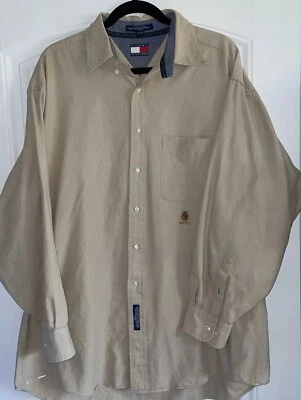 90-х годов винтажный Tommy Hilfiger герб платье Оксфорд рубашка бежевый карман мужской 16,5 32/33 - Изображение 1 из 4