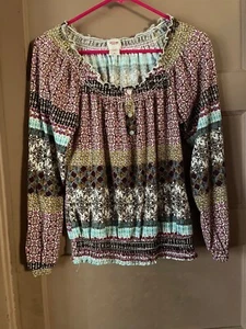 Pretty Boho Mossimo Multi-Color Ruffle Neck Shirred Elastic Feminine Peasant Top - Picture 1 of 5