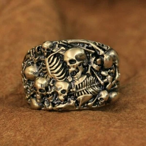 High Details Brass Skulls Grave Ring Biker Rock Punk Ring BR257C UK N½ to Z4 - Picture 1 of 27