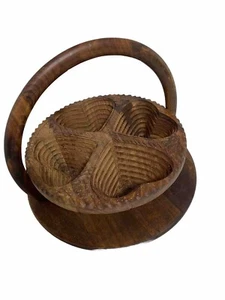 Vintage Hand Carved Wooden Collapsible Fruit Nut Heart Tray Basket 4 Sections - Picture 1 of 8