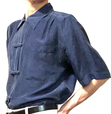 Vtg Women's Silk Collared Short Sleeve Blue Blouse Knot Buttons Shoulder Pads PS - Image 1 of 4