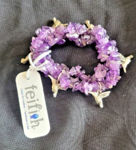New W Tag FEIFISH  bracelet with purple stones and silver toned hummingbirds - Picture 1 of 1