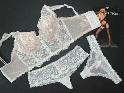 Victoria's Secret 34D CORSET TOP BRA SET M thong lot WHITE BEIGE lace polka dot - Image 1 of 4