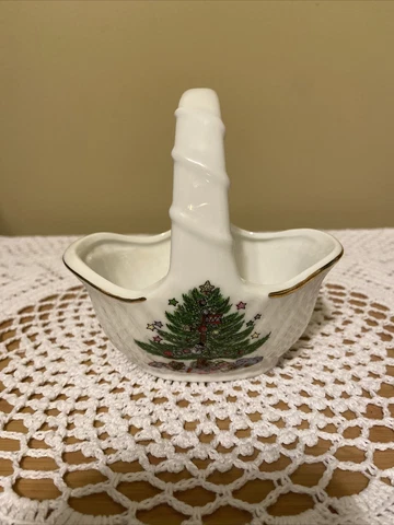 Vintage Spode Mini Porcelain Basket Christmas Tree Trinket Bowl Dish TAIWAN Cover