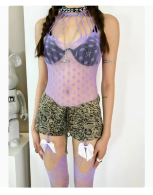 Y2k Bowknot Light Purple Hollow-Out Sexy Mesh Bodysuit with Strappy Pantyhose - Image 1 of 2