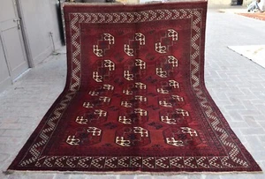 1960s Antique Turkmen Ersari Area Rug 7x10 Red Geometric Nomadic Old Wool Carpet - Picture 1 of 11