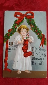 Vintage 1911 Postcard Christmas Holiday Little Girl w/ Christmas Stocking - Bild 1 von 2