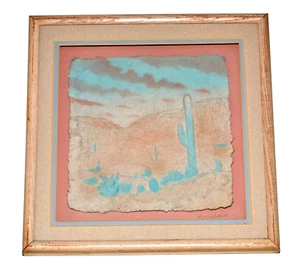 WESS Firmado a Mano Papel Fundido Color CACTUS DESERT MOUNTAINS Suroeste EE. UU. Enmarcado - Imagen 1 de 1