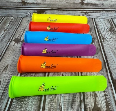 Lot of 6 BEESILI Colorful Silicone Pop Popsicle Juice Yogurt Fruit Molds 7.5" - Image 1 of 3