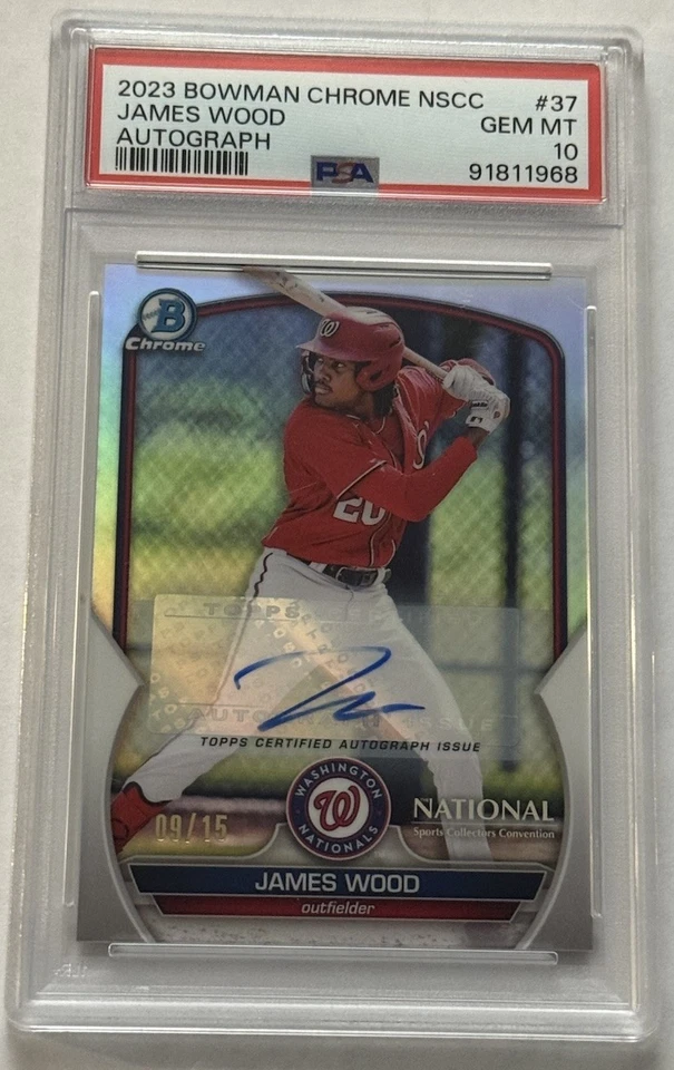 2023 Bowman Chrome NSCC James Wood Auto /15 PSA 10 GEM MT - Image 1 of 2