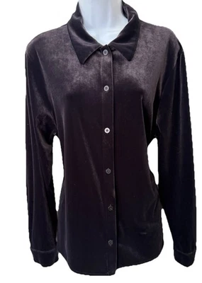 90 年代 Eileen Fisher 美国天鹅绒纽扣衬衫 L 领黑色长袖 — 第 1/4 张图片