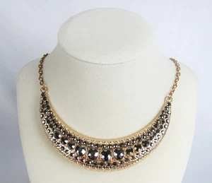 Vintage Gold Metal Black Faceted Rhinestones Crescent Moon Bib Collar Necklace - Picture 1 of 8