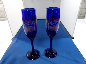 Cobalt Blue Champagne Glass Flutes (2) 2000 The New Millennium Fireworks - Picture 1 of 7