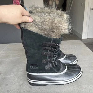 Sorel Joan Of Arctic Snow Boots Women's UK 7 Stone Black Faux Fur Lace Up Waterp - Picture 1 of 9
