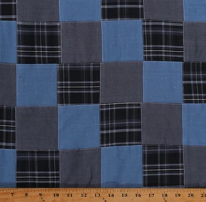 Stitched Patchwork Blue Plaid Yarn-dyed Yarn Dyed Fabric by the Yard D274.33 - Picture 1 of 1