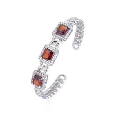 Rhodium Plated with Red Cubic Zirconia Curd Link Cuff Bangles - Image 1 of 4