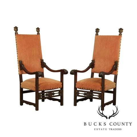 Italian Renaissance Revival Antique Pair High Back Throne Armchairs Cover