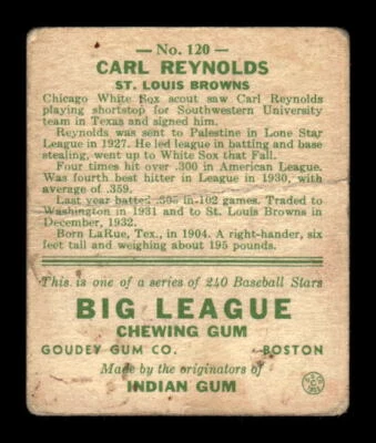 1933 Goudey #120 Carl Reynolds RC - FAIR - LOW GRADE SET FILLER - Image 1 of 2