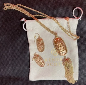 Kendra Scott Set Long Necklace Pendant Tassel & Earrings Goldtone/Antique Gold - Picture 1 of 24