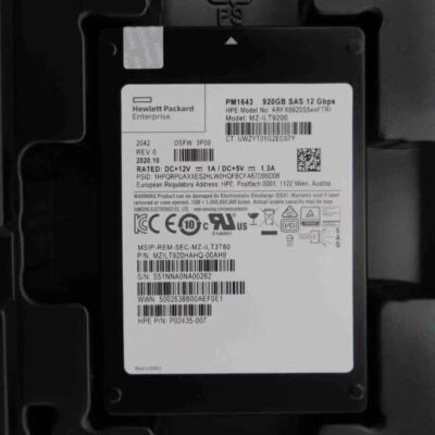Samsung PM1643 920GB SSD SAS 12 Gbps MZ-1LT9200 HPE :ARFX0920S5xnFTRI DSFW:3P00 - Image 1 of 2
