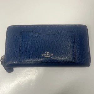 Coach Reißverschluss Akkordeon blau genarbtes Leder Geldbörse mit Fronttasche - Bild 1 von 6