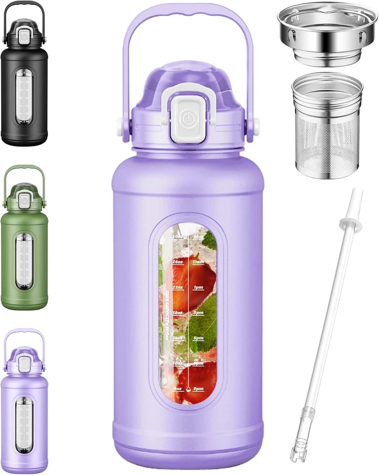 50 oz Glass Water Bottles, Large Motivational Glass Water Bottle with Time Marke - Image 1 of 4