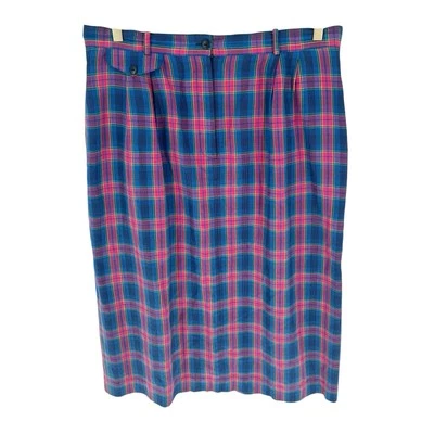 Talbots Skirt Womens 20 Pink Blue Plaid Linen Blend Midi A Line Pockets Vintage - Image 1 of 4