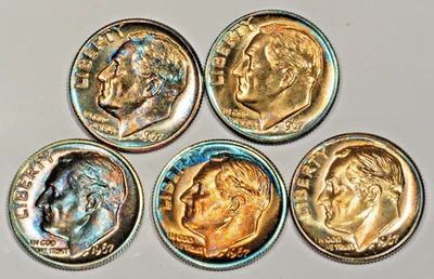 FIVE 1967P SMS (SPECIAL MINT SET) COLORFUL ROOSEVELT DIMES/UNCIRCULATED/UNGRADED - Image 1 of 2
