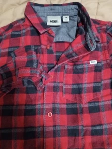 Camisa Vans Franela Abotonada Juvenil Pequeña Manga Larga Cuadros Roja Gris y Negra - Imagen 1 de 7