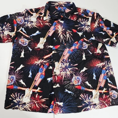 George Shirt Mens 2XL Cat Fireworks Rockets Button Up Rayon 4th of July Print - Image 1 of 4