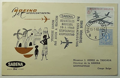 1959 First Flight Brussels Belgium to Leopoldville Sabena Belgian Airlines Cover - Image 1 of 2