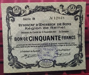 #71-54 ~ Nécessité - RETHEL - Bon de 50 Francs 1917 - Imagen 1 de 2