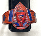 Vintage Egyptian Pharoah KING TUT Carved & Painted Cuff Bracelet with Chain