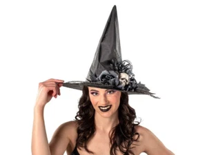 Black Flowers Skull Witch Hat Halloween Costume Accessory Polyester Gothic Decor - Picture 1 of 1